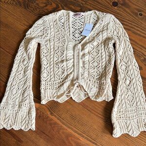 Willow & Root Cream Knit crochet tie bell sleeve sweater top XS